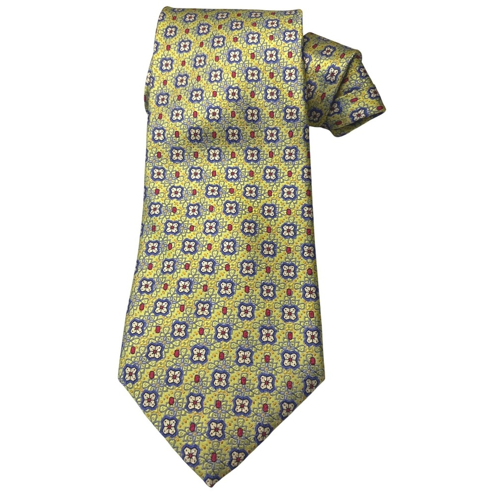 Robert Talbott Best of Class Silk Tie Chartreuse Yellow Blue Geometric Medallion